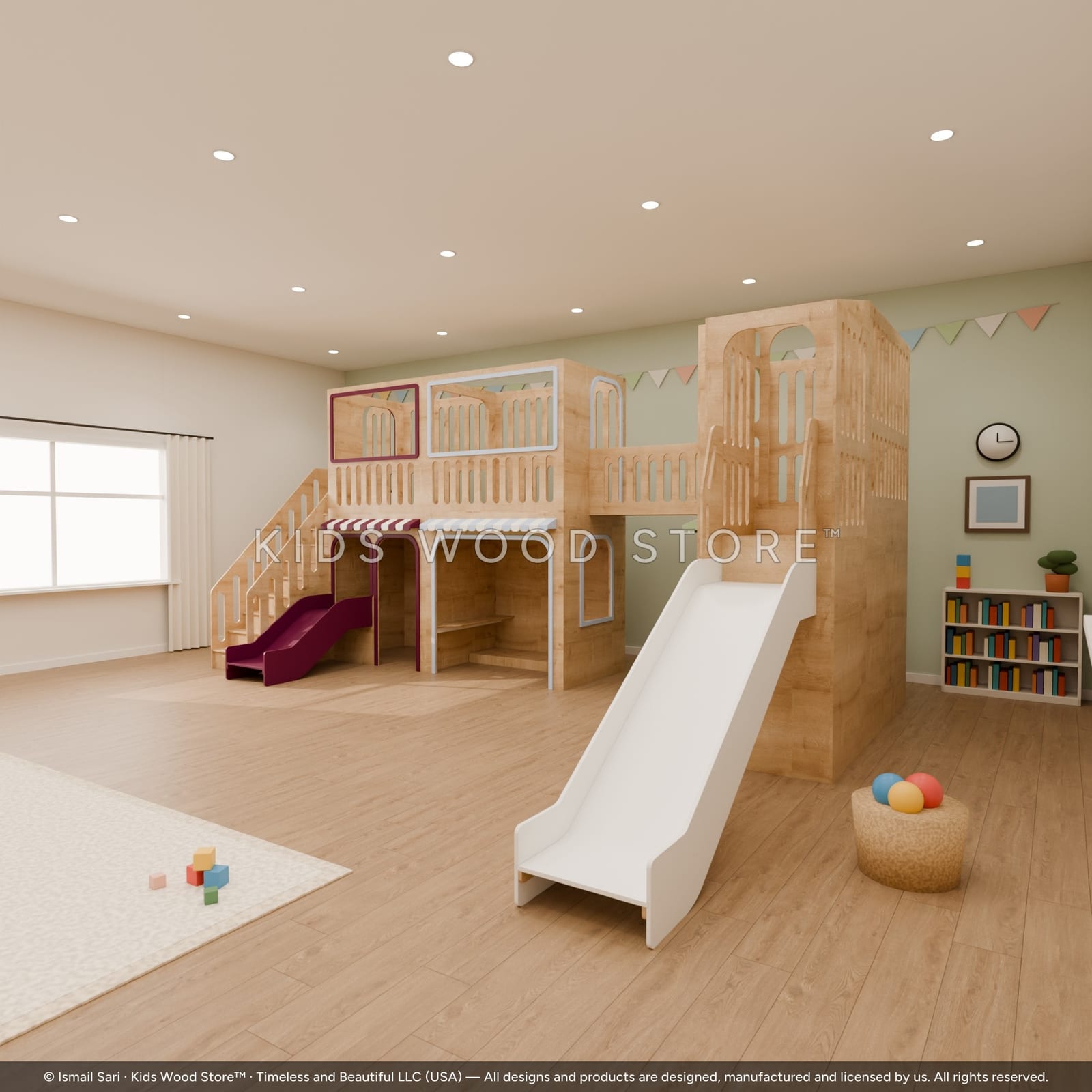 Texas Indoor Play Room — Twin Towers, Bridge & 2 Slides (Staircase House, Center House & Slide Tower House) — photorealistic room render, room view
