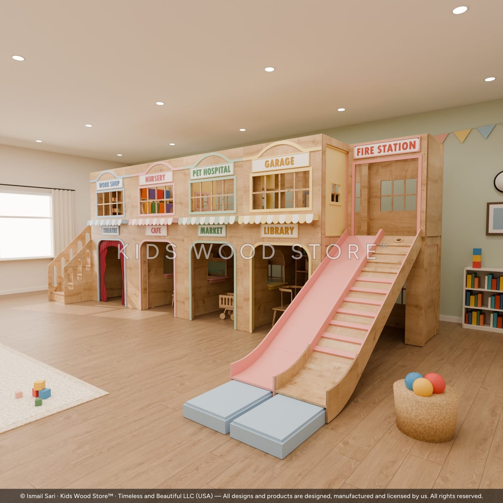 School House Play Town (4 Two-Story Playhouses, Fire Station Slide & Stairs) — photorealistic room render, room view