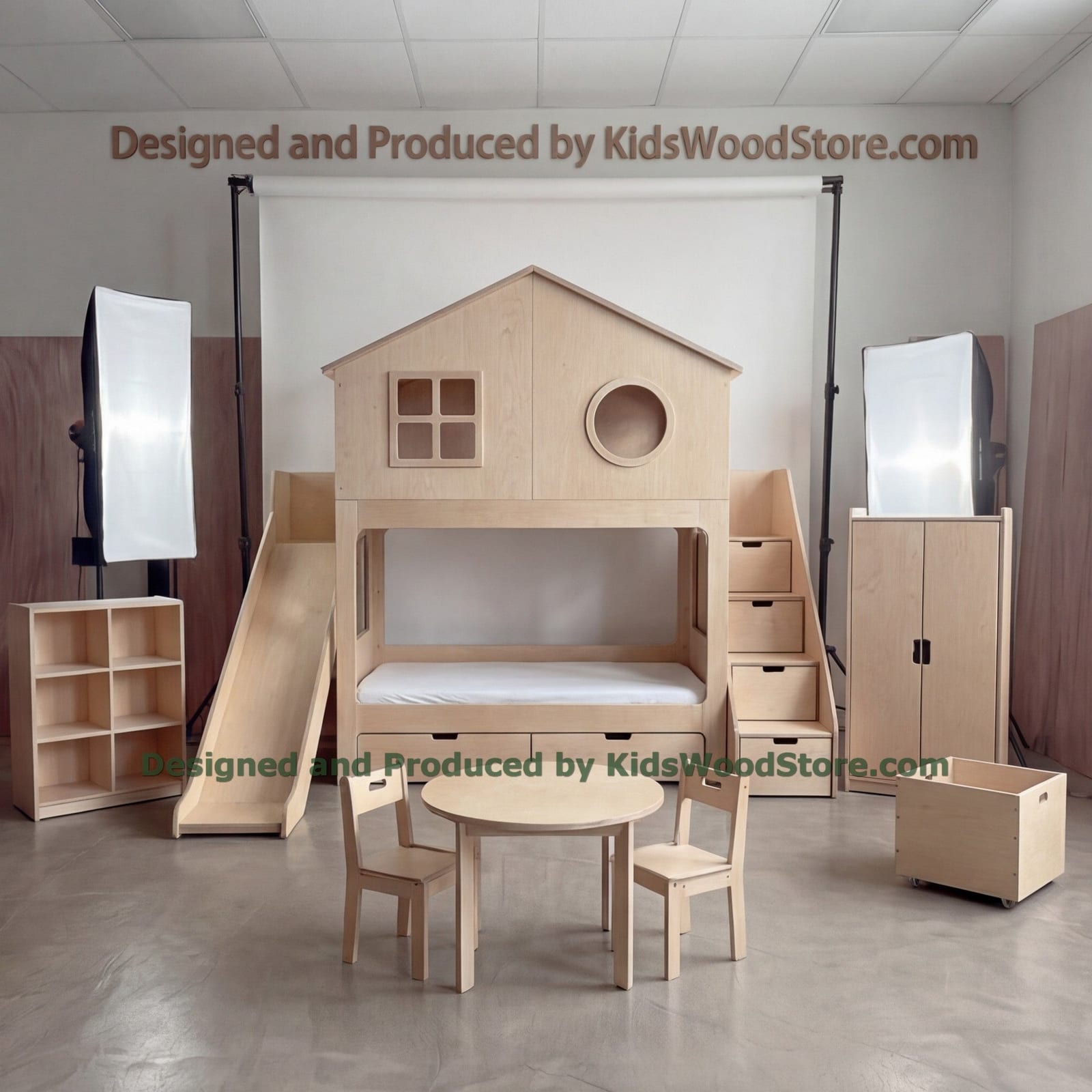 Wooden Playhouse Bunk Bed with Porthole Window & Cube Bookshelf | Kids Wood Store