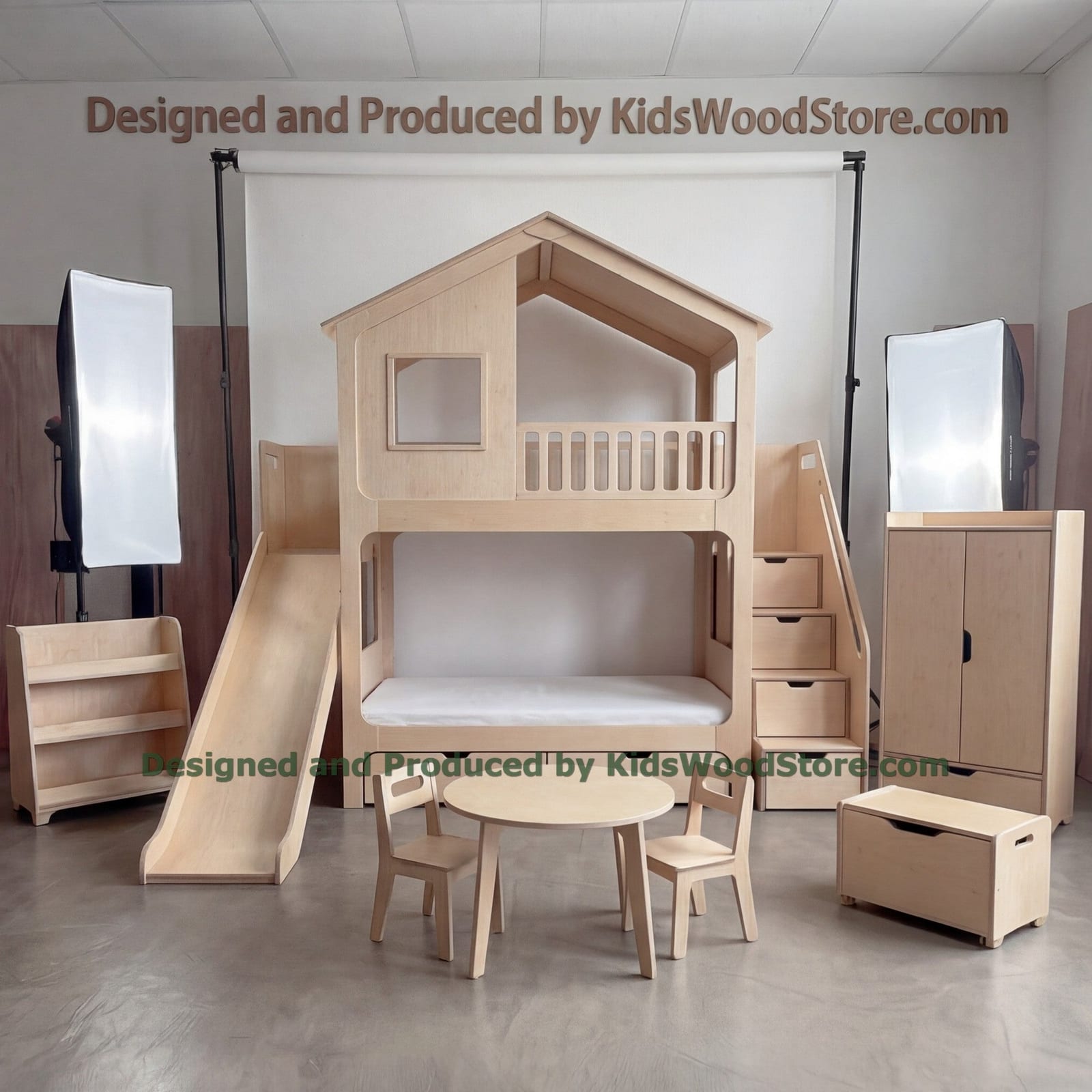 Wooden Playhouse Bunk Bed with Front Balcony & Wardrobe | Kids Wood Store