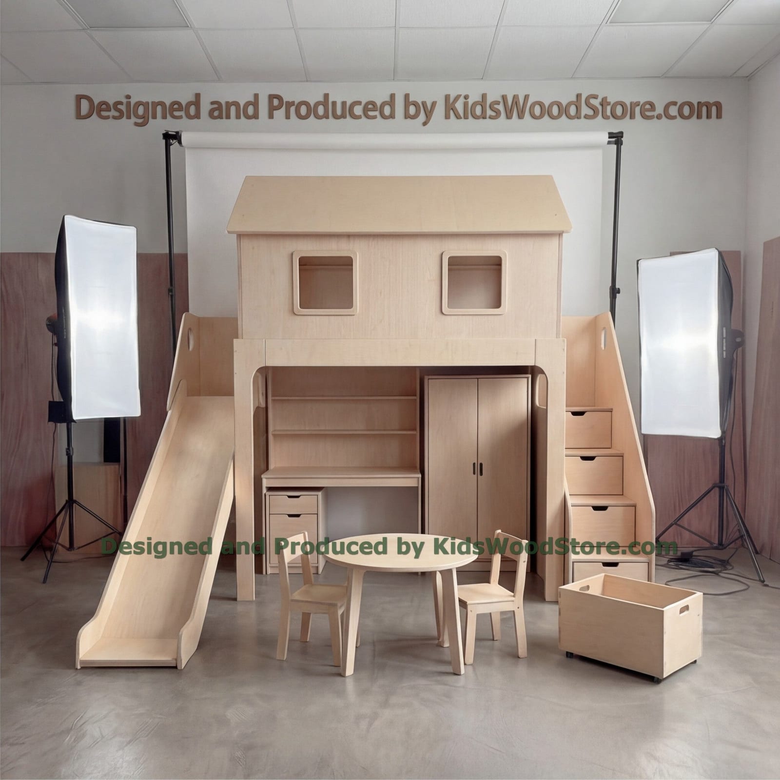 Wooden Playhouse Bunk Bed with Built-in Desk & Wardrobe | Kids Wood Store