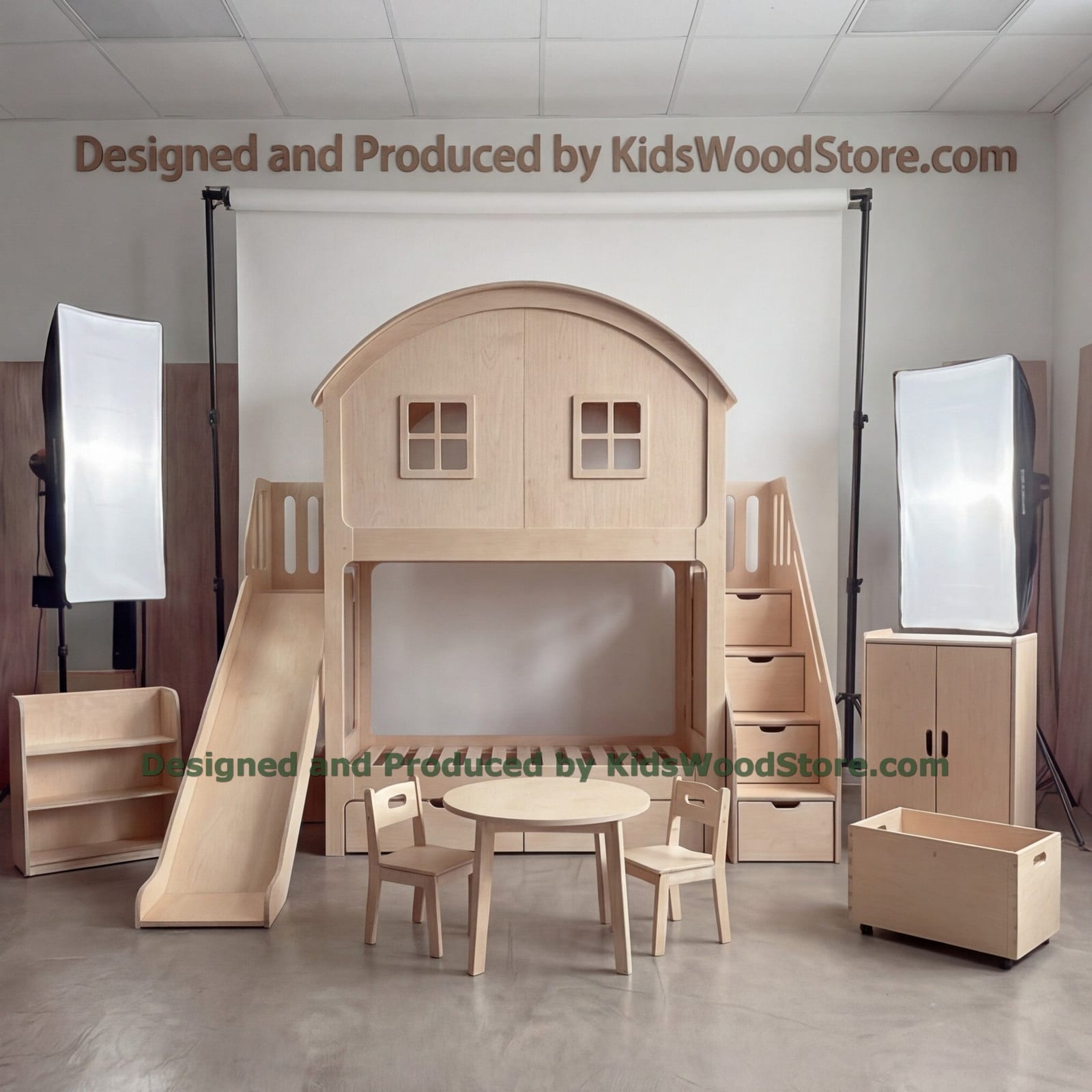 Wooden Playhouse Bunk Bed with Slide & Arched Roof | Kids Wood Store
