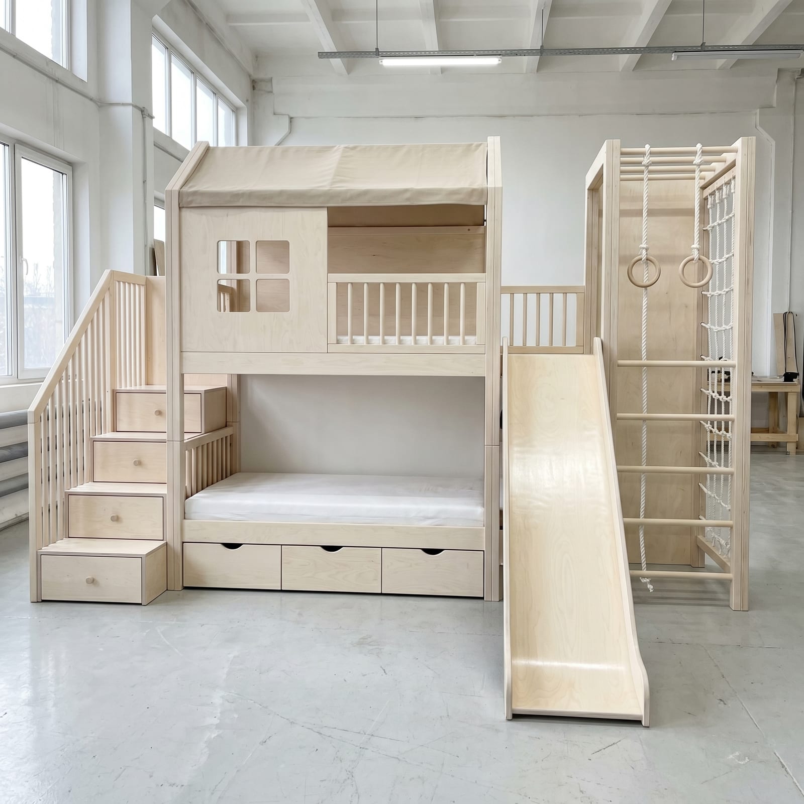 Wooden Bunk Bed with Slide, Gym Rings & Climbing Ladder | Kids Wood Store