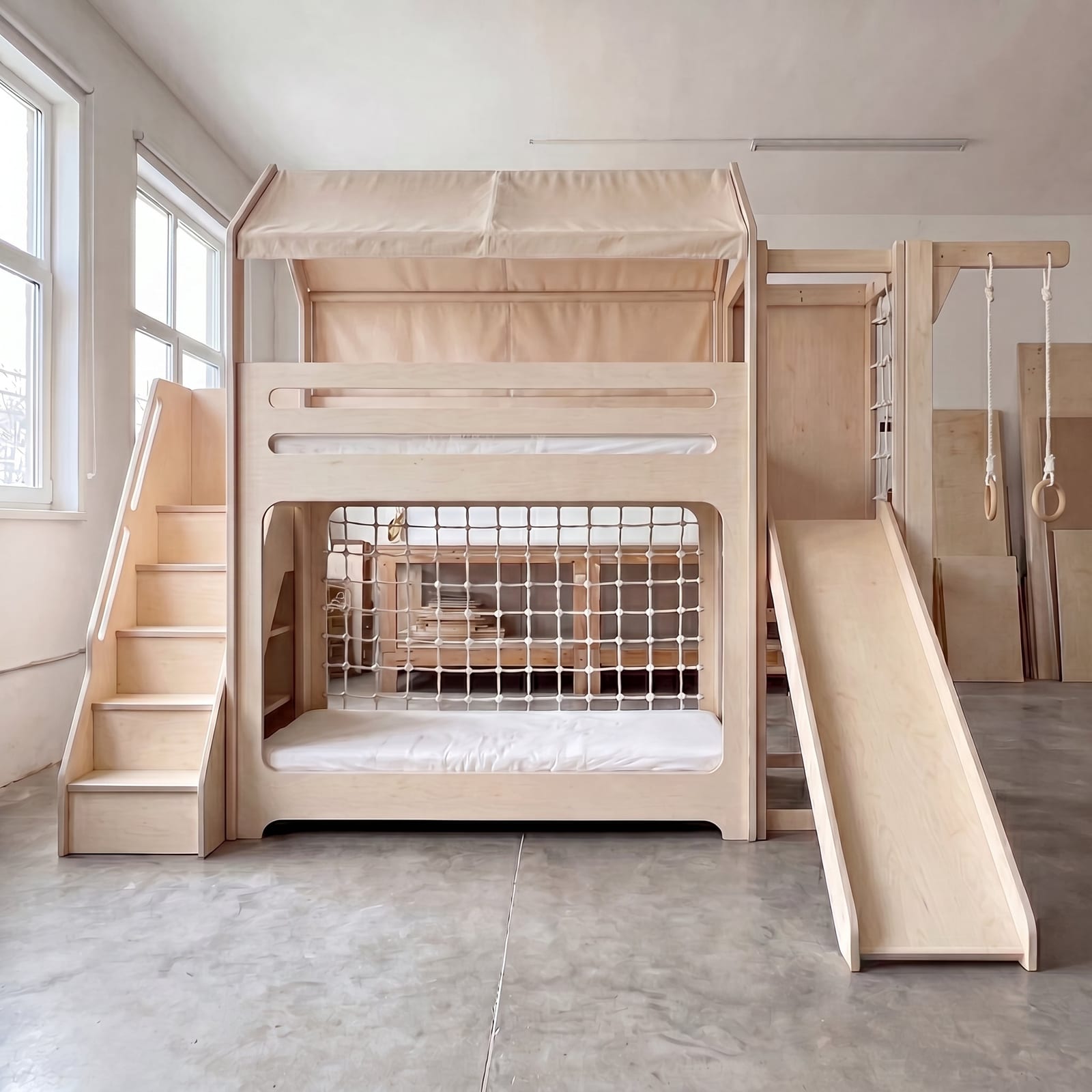 Wooden Bunk Bed with Slide, Gym Rings & Climbing Net | Kids Wood Store