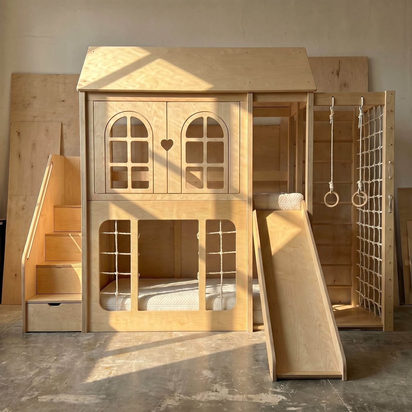Wooden Playhouse Bunk Bed with Slide, Gym Rings & Climbing Net | Kids Wood Store