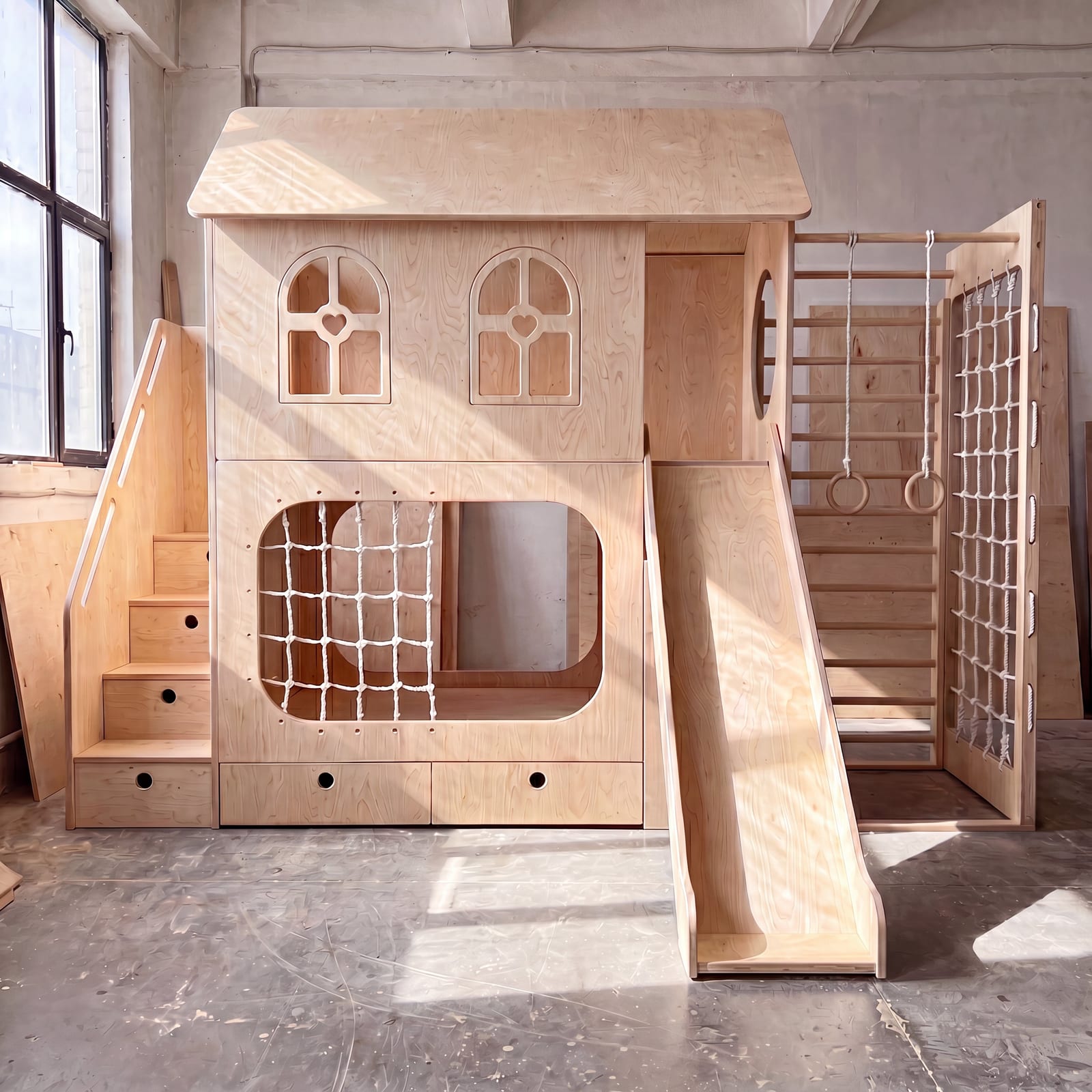 Wooden Playhouse Loft Bed with Slide, Gym Rings & Climbing Net | Kids Wood Store