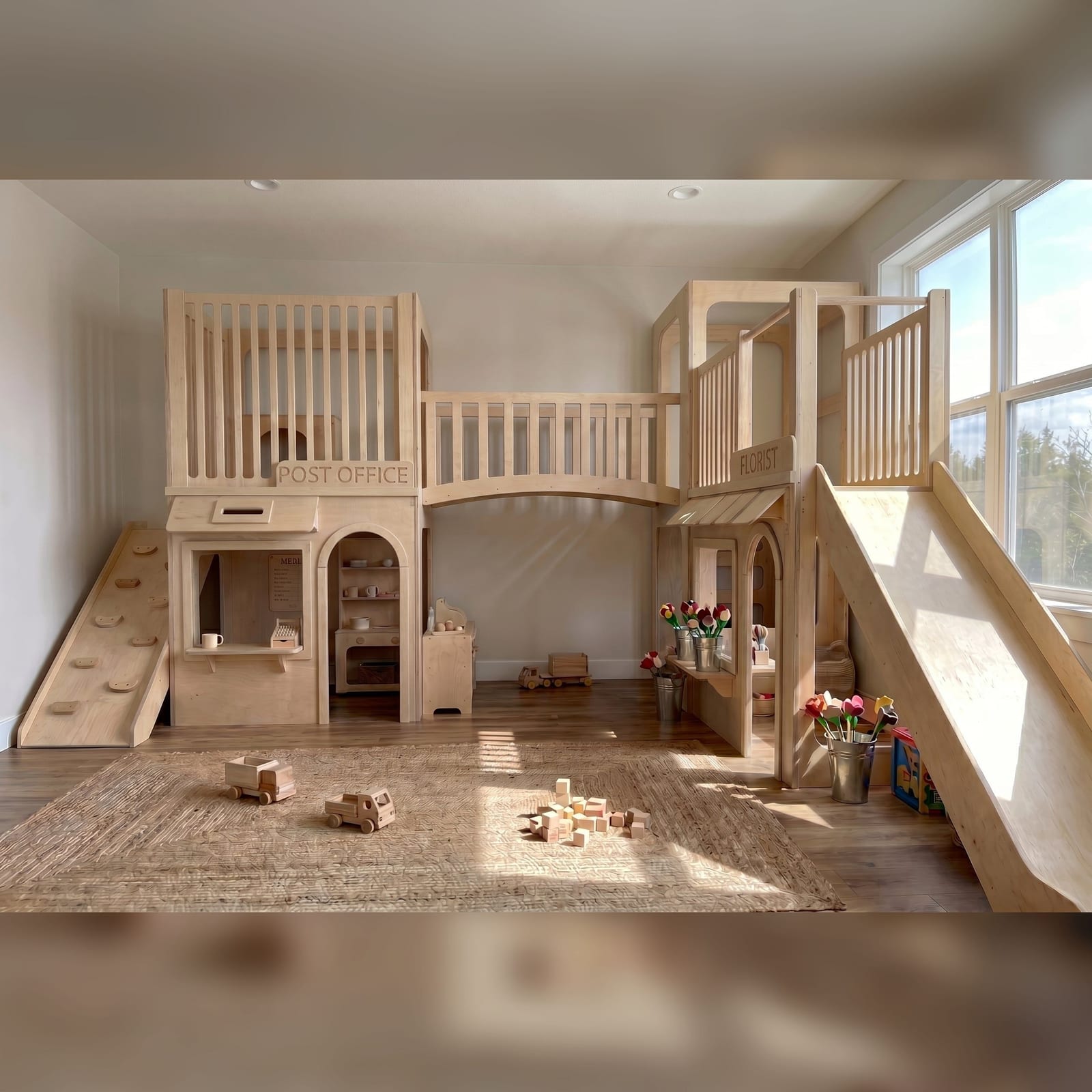 Luxury Indoor Wooden Play Town — 2-House Two-Story Set (Post Office & Florist) | Kids Wood Store