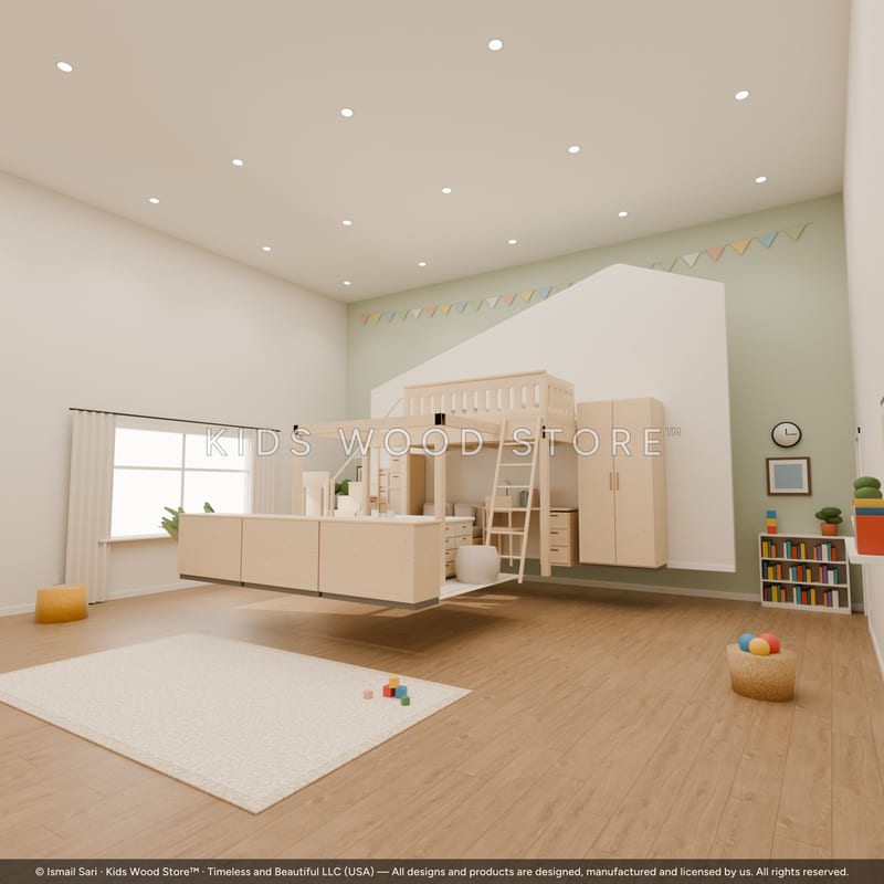 Creative Studio Loft Room — Loft Bed, Craft Island & Storage Wall — 3D model