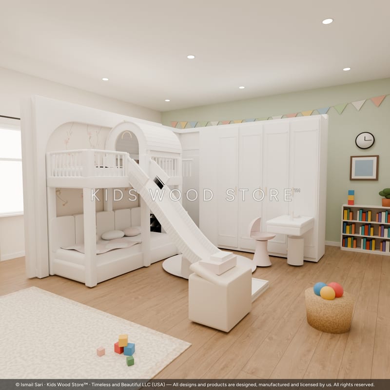 Arched Cabin Bunk Bed Room — Bunk, Slide, Storage Stairs & Wardrobe — 3D model